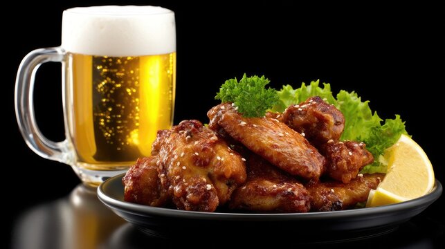 Plate of crispy chicken wings with a slice of lemon alongside a glass of cold beverage on a dark surface. Perfect pairing for sharing