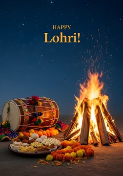 Celebration of Lohri festival with traditional food, dhol drum, and bonfire under starry night sky