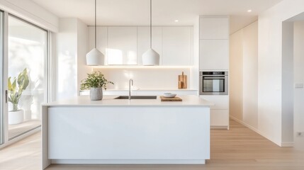 Fototapeta premium Minimalist Kitchen Bright, White and Functional Design ,kitchen design ,interior