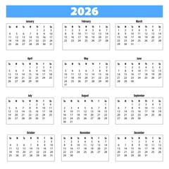 2026 Year at a glance Calendar with a Sunday week start