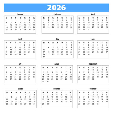 2026 Year at a glance Calendar with a Sunday week start
