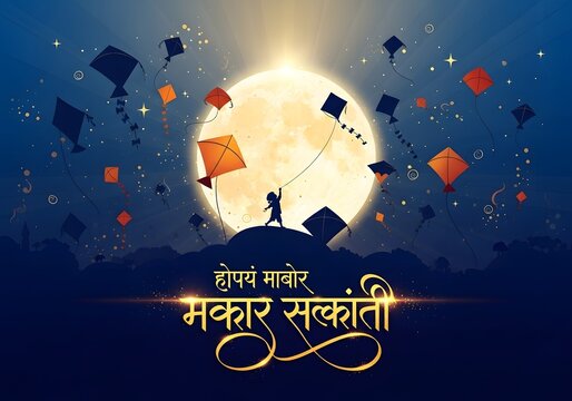 Makar Sankranti celebration with moonlit kite flying and festive lights