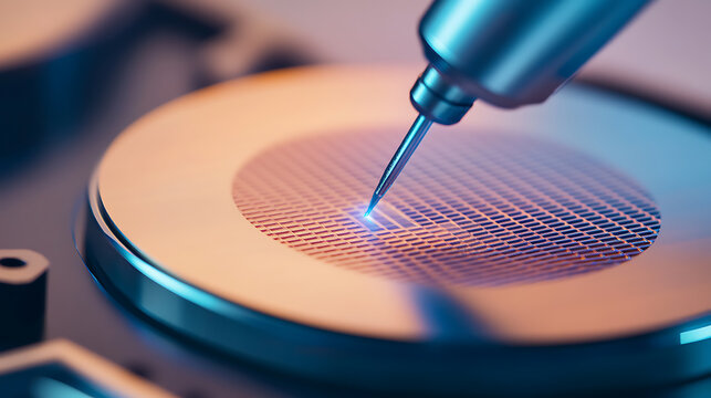 Precision micro-fabrication with a robotic arm. A high-tech device precisely deposits material on a microchip, creating intricate electronic components. Blue light highlights the detail.