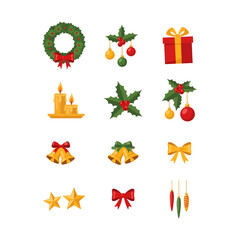 Christmas Icon Set – Festive Holiday Decorations Including Wreath, Bells, Bows, Holly, Gifts, and Candles