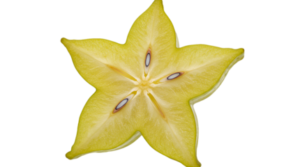 Close up of a Fresh Star Fruit Cross section Revealing Its Yellow Flesh and Seeds