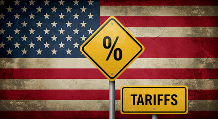American flag backdrop with percentage and tariffs signs symbolizing trade and economic policies