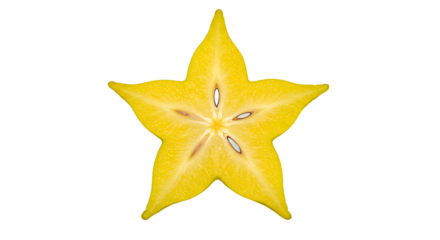 Vibrant Yellow Star Fruit Slice with Seeds on Striped Background
