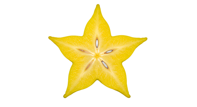 Vibrant Yellow Star Fruit Slice with Seeds on Striped Background