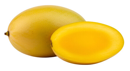 Two Fresh Yellow Mangoes, One Whole and One Sliced, on a Gradient Background