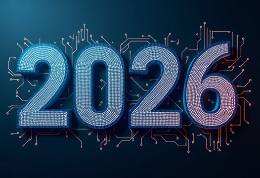 The numbers &ldquo;2026&rdquo; made up of microchips and circuit diagrams, cyber-themed