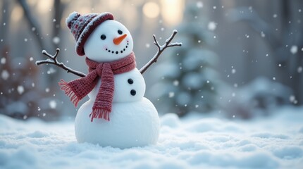 A happy classic snowman with a carrot nose and scarf in a snowy yard.

