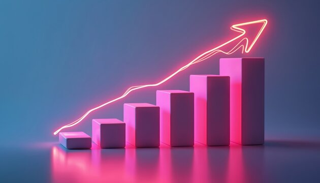 Minimalist bar chart with pink neon glow and upward arrow. Graph shows growth and success on white background. Semi-transparent edges. Isolated PNG illustration for business and finance.