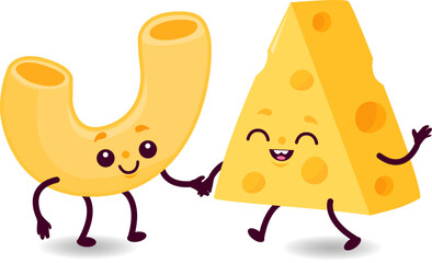 Cute macaroni and cheese characters. Noodle cartoon for kids meal. Funny pasta and slice of cheese cartoon. Tasty Italian food for children. Vector illustration