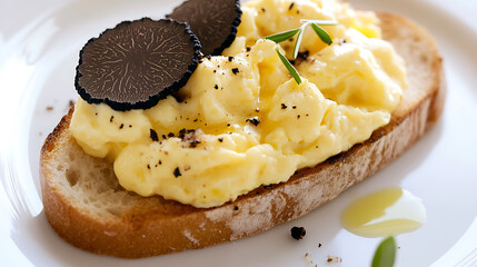 Indulge in this gourmet delight: creamy scrambled eggs with exquisite toppings, served on a slice of artisanal bread. A luxurious breakfast or brunch option.