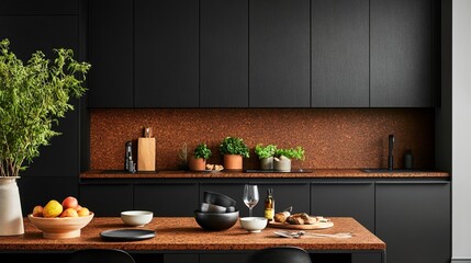 Modern Black Kitchen Interior with Copper Countertop and Green Plants , Kitchen design, Home Decor