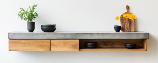 Modern Floating Shelf with DÃ©cor Plant, Wood Board and Black Bowls, Minimalist ,Home decor