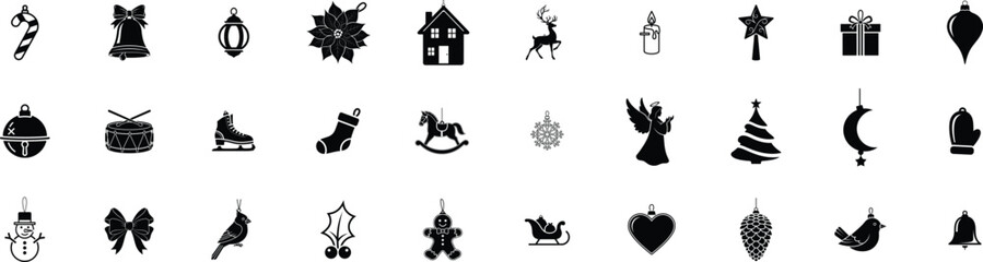 Christmas Celebration Ornaments glypy icon set, Candy Cane, Bell with Bow, Ornament, Poinsettia, House, Reindeer, Candle, Star, Present, Drum, vector silhouette