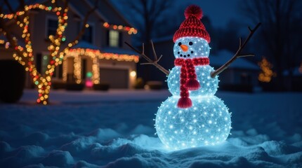 A snowman glowing at night from colorful holiday lights in a dark yard.
