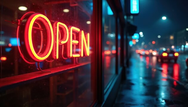 Illuminated red neon open sign glows at night. Rainy city street is visible outside. Cars drive by reflecting street lights. Warm welcome inviting guests and customers indoors.