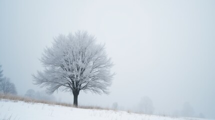 Barren winter landscape with a single frozen tree against a grey sky.
