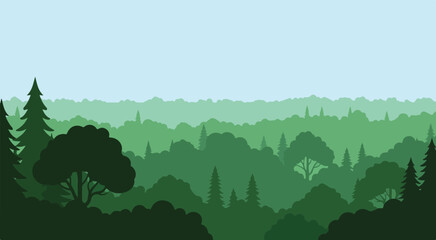 Vector illustration of green forest landscape background design for nature and outdoor concepts
