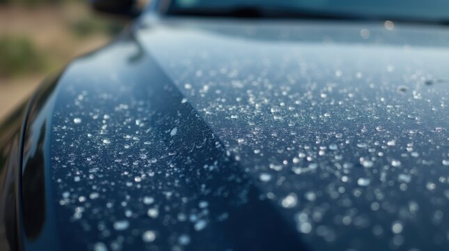 Close-up of a dark car hood showing multiple dents from hail damage.
