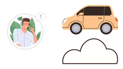 Man with headset talking, car illustration, cloud icon. Ideal for customer service, car rentals, logistics, vehicle tracking, cloud services, transport automation simple flat metaphor