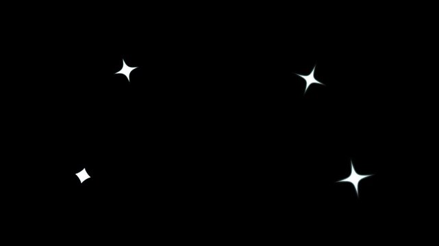 2D Twinkling stars animation, fast glowing line motion, white cartoon blinking stars, flat vector doodles, sparkle glitter light effect, animated shine stars on black screen background. 4K video