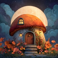 A whimsical fantasy scene featuring a mushroom-shaped house under a glowing full moon. 