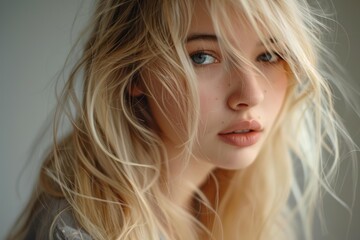 Fototapeta premium Close up portrait of beautiful young blonde woman with freckles showing natural beauty and healthy hair