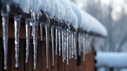 Row of sharp icicles hanging from a rustic wooden roof.

