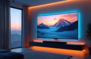 Fototapeta premium Modern living room large curved television with neon backlighting. Home cinema system features soundbar, smart led lights. Ideal interior for watching movies, streaming video gaming on big screen.