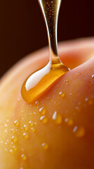 Golden nectar gracefully cascades over a ripe, juicy peach, glistening with moisture. A symphony of sweetness and freshness captured in a single drop. Perfection!