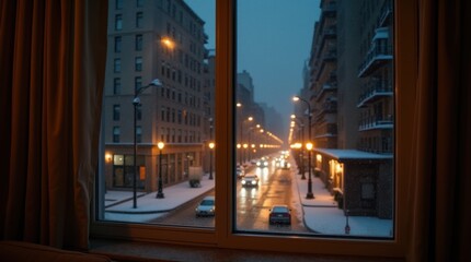 View from a cozy window of a city street during a nighttime snowfall.
