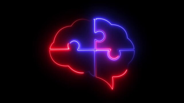 glowing neon brain puzzle icon isolated on black background. Creative Idea Concept, Thinking brain sign 4K Video motion graphic animation.