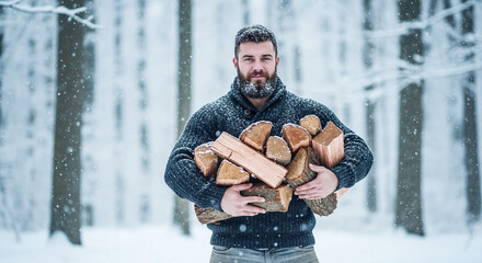 Bearded man carrying firewood in snowy forest during winter  