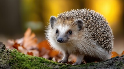 Fototapeta premium A curious hedgehog navigates through vibrant green moss and fallen leaves in a serene forest setting on a sunny afternoon