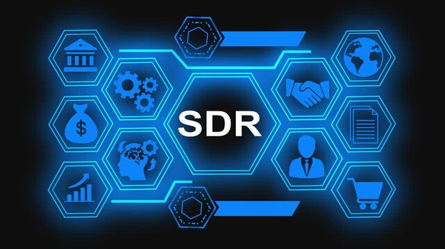 Digital Transformation and Business Development Concepts. Glowing Sdr button in German on a futuristic, abstract wave technology on black background Smart Business and Technology Solutions.