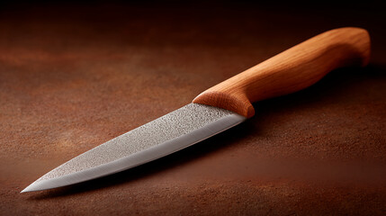Professional kitchen knife with wooden handle and textured steel blade resting on dark brown surface for culinary concept