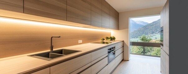 Obraz premium Modern Wood Kitchen Design with Mountain View, Minimalist , Interior