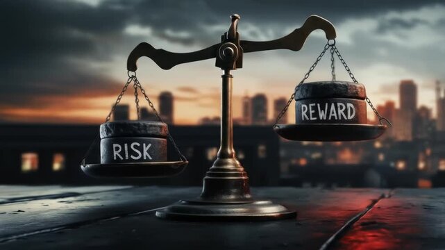 A balance scale shows 'Risk' on one side and 'Reward' on the other, against a city backdrop