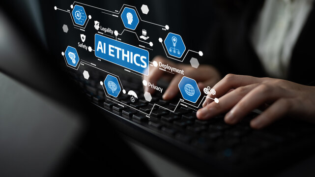 A close-up image of hands typing on a laptop while various digital icons related to AI ethics, privacy, and safety appear in the background, emphasizing responsible technology use. Tessel