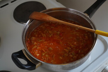 Homemade vegetable stew simmering on the stove in a stainless steel pot, comfort food in the making.