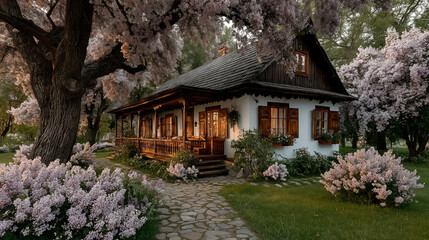 Traditional cottage with wooden porch surrounded by blooming spring garden featuring pink flowering trees and stone pathway
