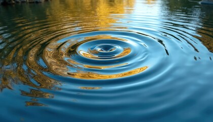 Water surface with blue sky reflections and concentric ripples spreading outwards from impact point. Smooth liquid waves undulate with golden tree foliage patterns on calm lake surface.
