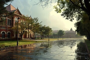 University campus with wet pavement reflecting buildings on a cloudy day after the rain