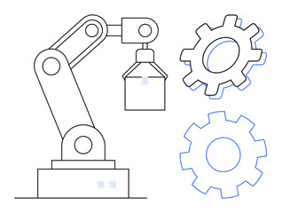 Robotic arm interacting with gears, showcasing automation, innovation, and engineering. Ideal for technology, manufacturing, development, engineering industrial design robotics efficiency. Simple