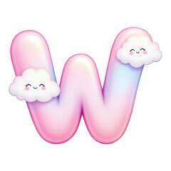 Gradient Pink Blue Letter W with Sleepy Clouds isolated on transparent background. Puffy Balloon Inflated Candy Alphabet. Dreamy Cartoon Letter W.