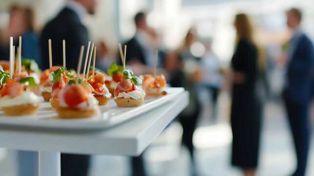 A catered event features a spread of miniature appetizers, elegantly displayed on a white tray, with blurred attendees mingling in the background, adding a touch of conviviality.
