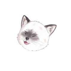 Funny laughing cat head isolated on white background. Hand drawn watercolor illustration